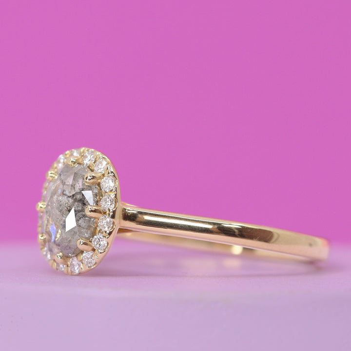 Charlotte - Oval Cut Salt and Pepper Diamond Ring with Hugging Halo in 18ct Yellow Gold - Ready to Wear