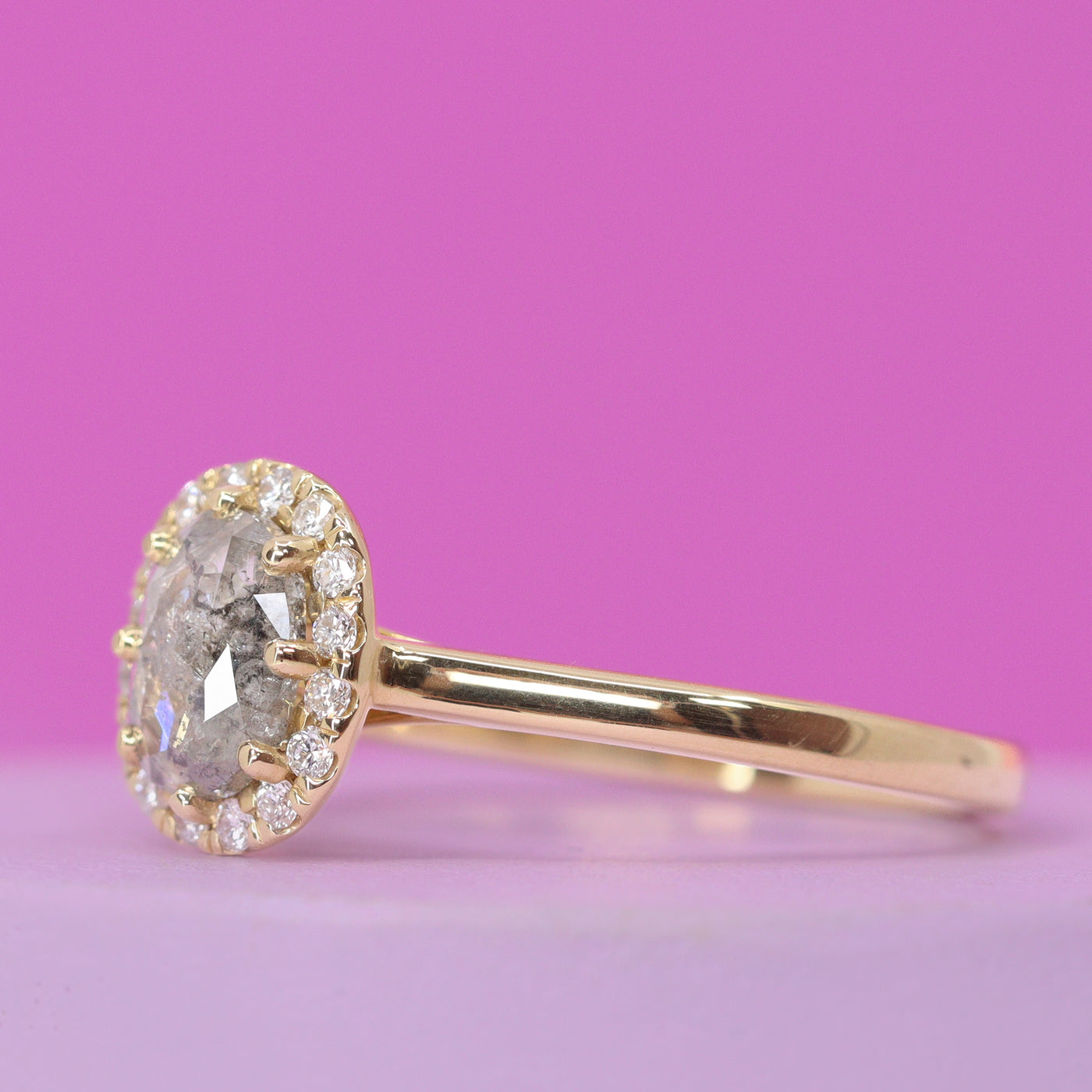 Charlotte - Oval Cut Salt and Pepper Diamond Ring with Hugging Halo in 18ct Yellow Gold  - Ready-to-Wear
