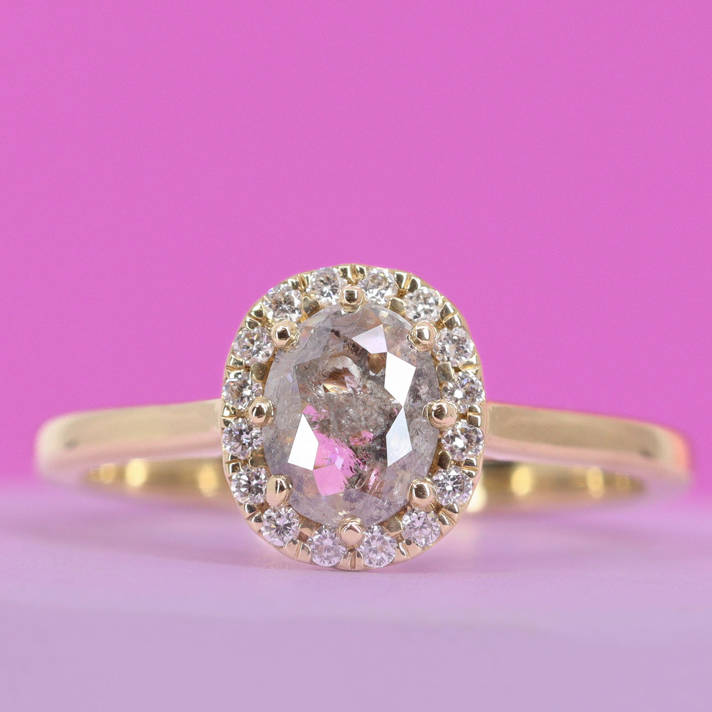 Charlotte - Oval Cut Salt and Pepper Diamond Ring with Hugging Halo in 18ct Yellow Gold  - Ready-to-Wear