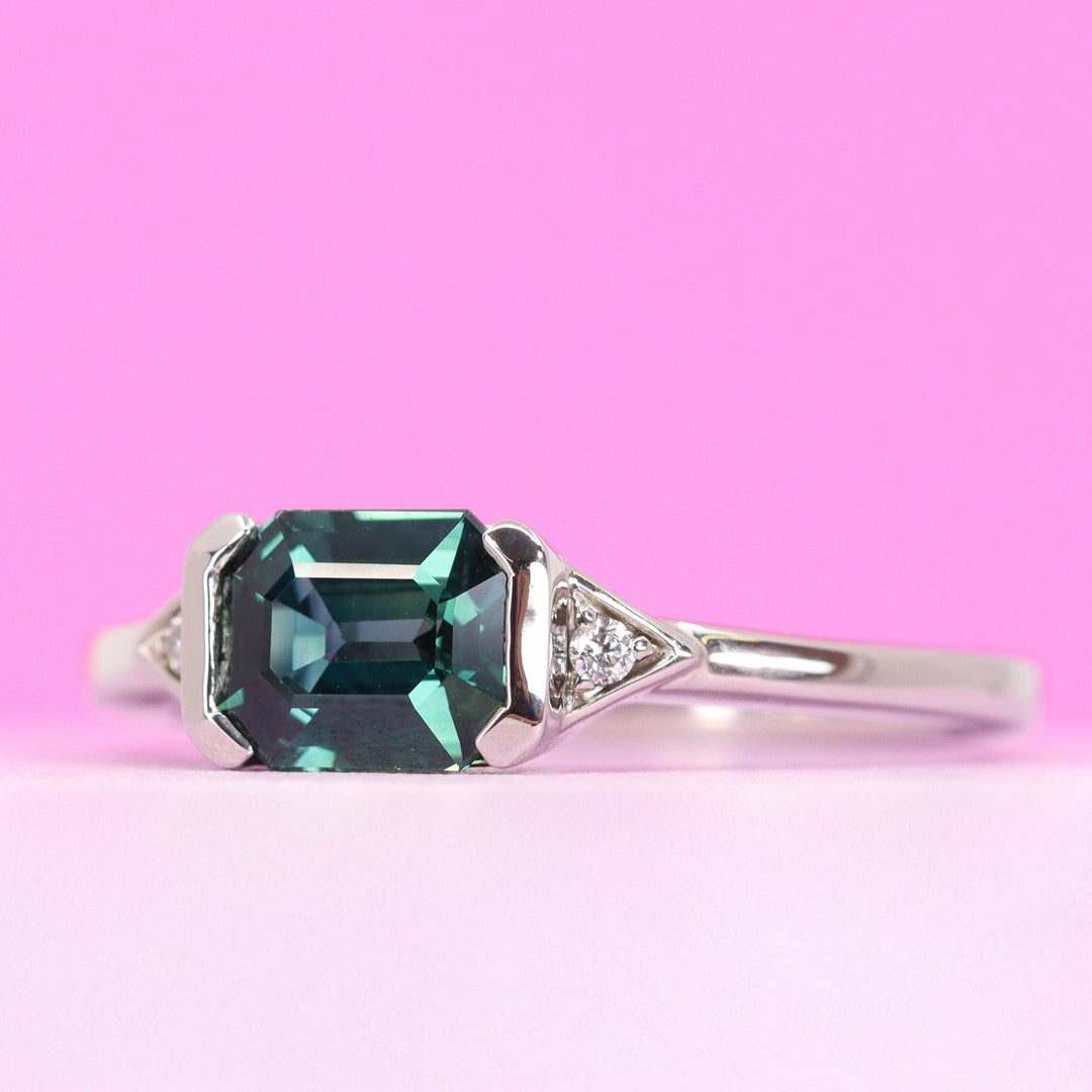 Hattie - Emerald Cut Blue Teal Sapphire and Lab Grown Diamond Art Deco Vintage Inspired Engagement - Custom Made-To-Order Design