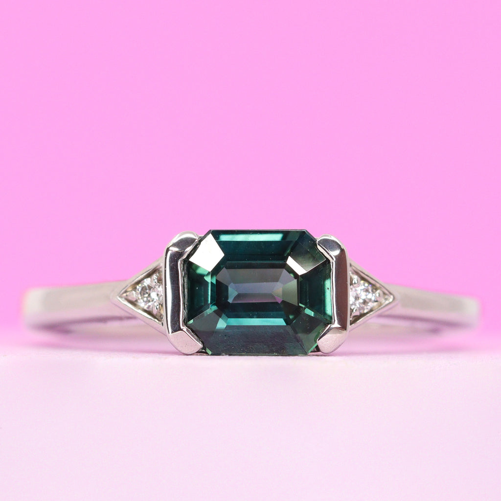 Hattie - Emerald Cut Blue Teal Sapphire and Lab Grown Diamond Art Deco Vintage Inspired Engagement - Custom Made-To-Order Design