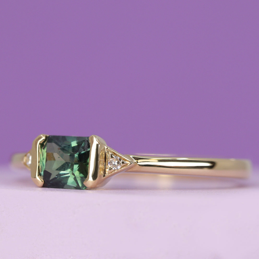 Hattie - Radiant Cut Teal Sapphire and Lab Grown Diamond Art Deco Vintage Inspired Engagement Ring in 18ct Yellow Gold - Ready-To-Wear