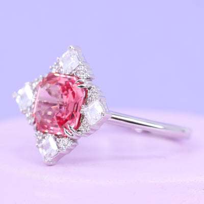 Scarlett - Dopamine by Jessica Flinn - Asscher Cut Pink Sapphire Engagement Ring with Diamond Halo - Custom Made-to-Order Design