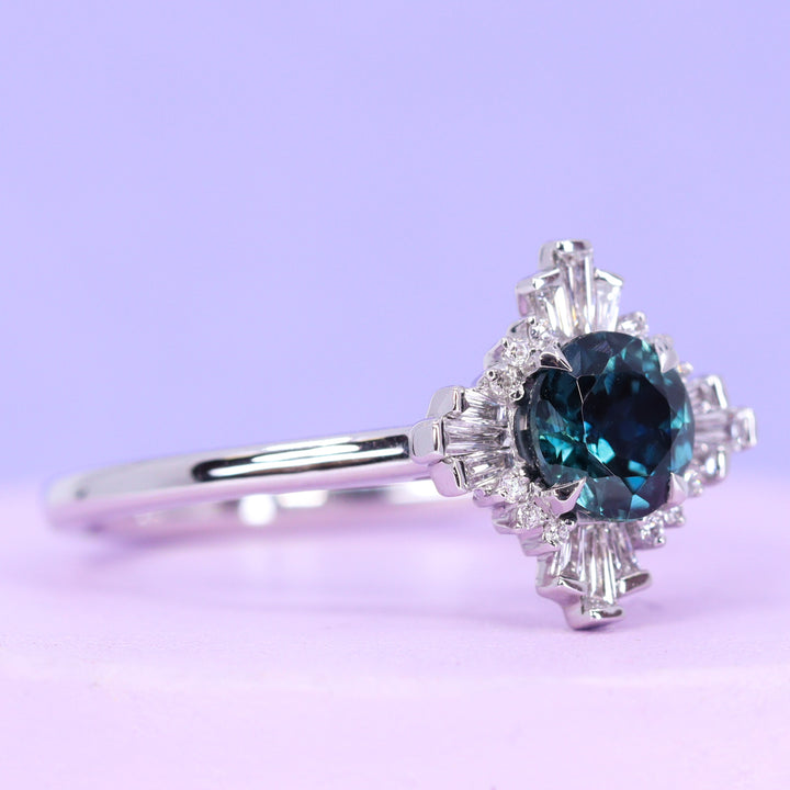 Ada - Dopamine by Jessica Flinn - Round Brilliant Cut Teal Sapphire Art Deco Halo Engagement Ring - Made-To-Order