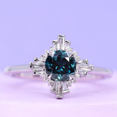 Ada - Dopamine by Jessica Flinn - Round Brilliant Cut Teal Sapphire Art Deco Halo Engagement Ring - Custom Made-To-Order Design