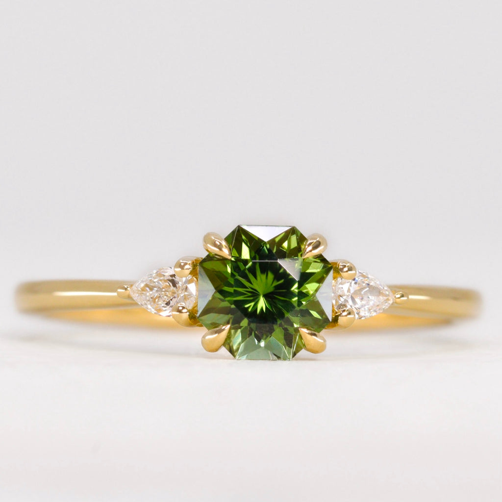 Elspeth - Green Fancy Cut Octagon Tourmaline Trilogy Engagement Ring - Ready-to-Wear