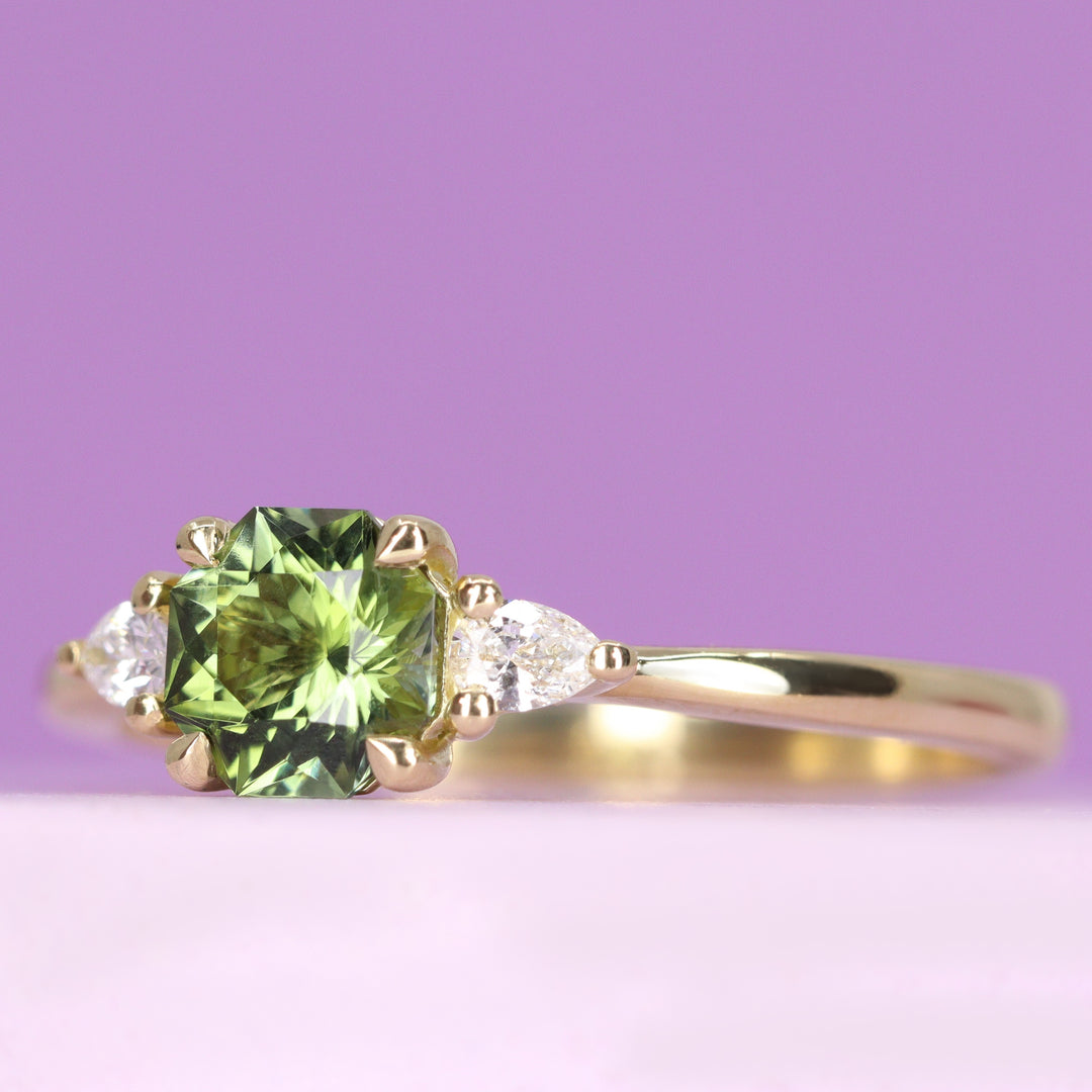Elspeth - Green Fancy Cut Octagon Tourmaline and Pear Shaped Lab Grown Diamond Trilogy Engagement Ring in 18ct Yellow Gold - Ready-to-Wear