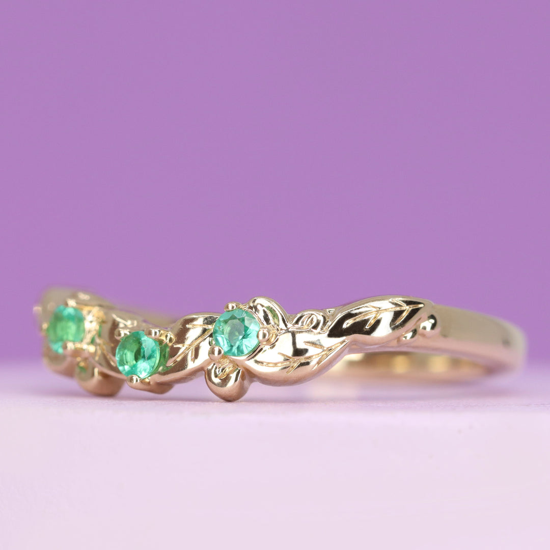 Willow - The Botanicals Collection - Decorative Leaf/Vine Inspired Art Nouveau Shaped Emerald or Diamond Set Wedding Ring - Made-To-Order