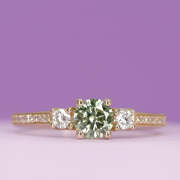 Callie - Round Brilliant Cut Green Diamond and Lab Grown Diamond Trilogy Engagement Ring in 14ct Yellow Gold - Ready-to-Wear