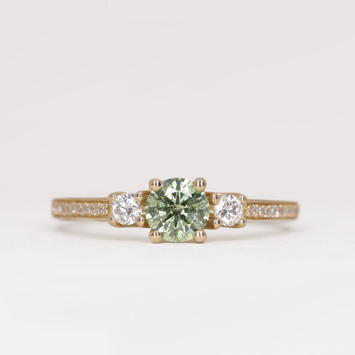 Callie - Round Brilliant Cut Green Diamond Trilogy Engagement Ring - Ready-to-Wear