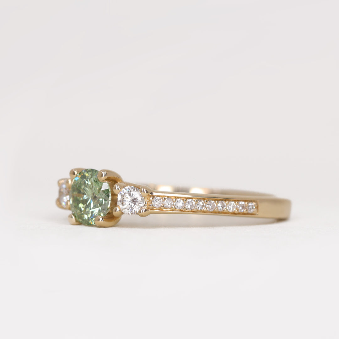 Callie - Round Brilliant Cut Green Diamond Trilogy Engagement Ring - Ready-to-Wear