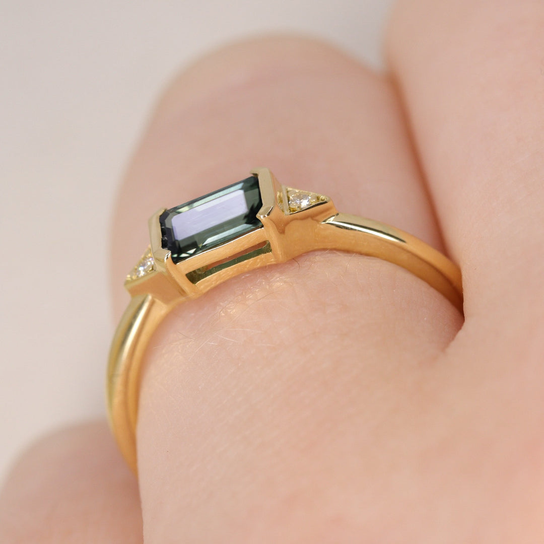 Hattie - Emerald Cut Green Tourmaline Art Deco Trilogy Made-to-Order Engagement Ring