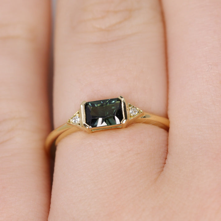 Hattie - Optix Emerald Cut Green Tourmaline Art Deco Trilogy Engagement Ring - Ready-To-Wear