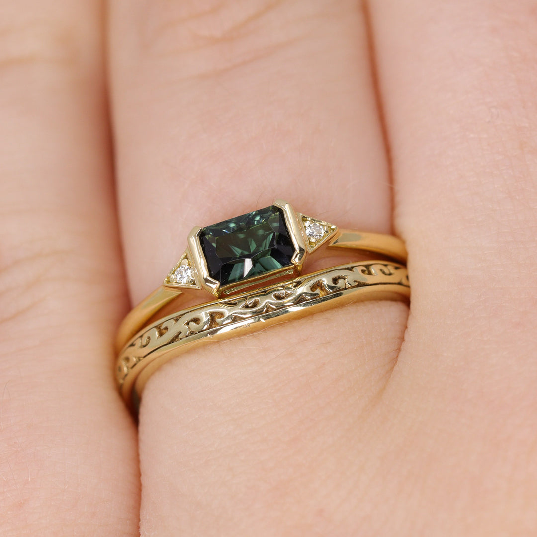 Hattie - Optix Emerald Cut Green Tourmaline Art Deco Trilogy Engagement Ring - Ready-To-Wear