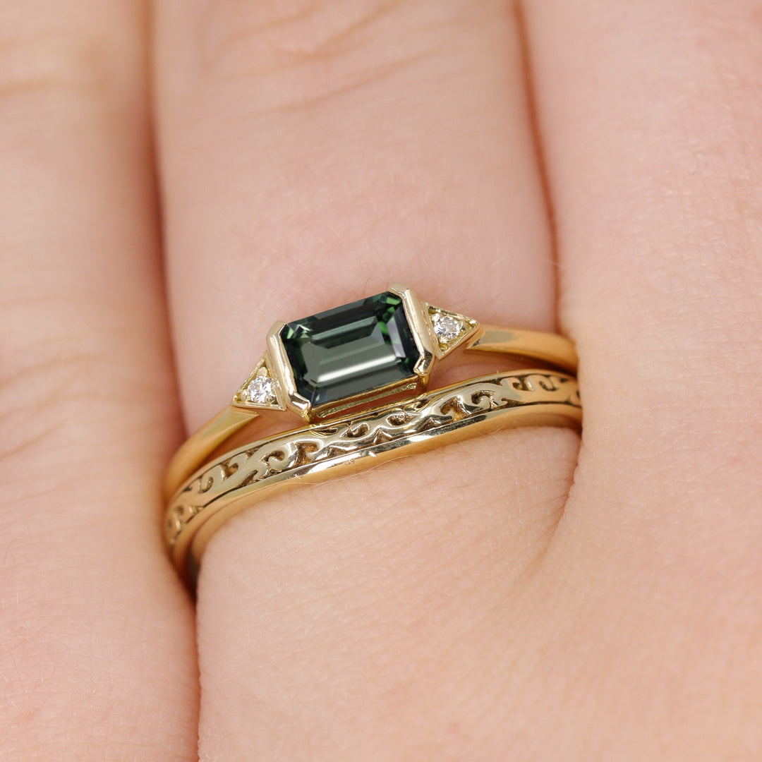 Hattie - Emerald Cut Green Tourmaline Art Deco Trilogy Made-to-Order Engagement Ring