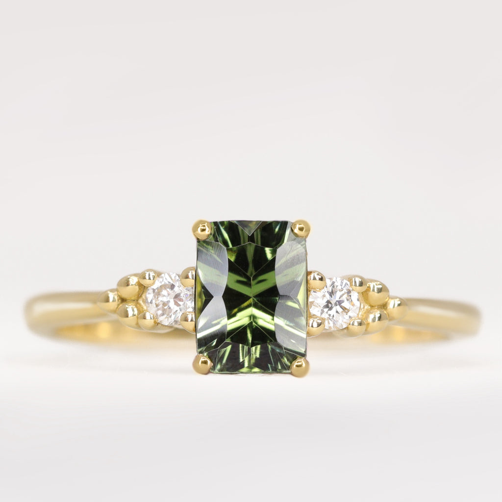 Natalia - Octagon Cut Optix Green Tourmaline and Diamond Trilogy Engagement Ring