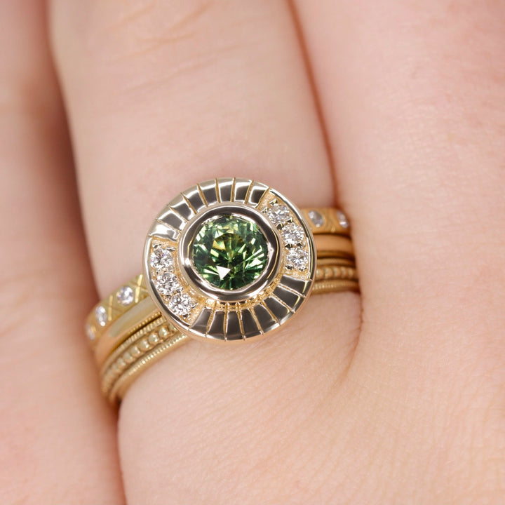 Addison - Green Sapphire Art Deco Halo Engagement Ring - Ready-to-Wear