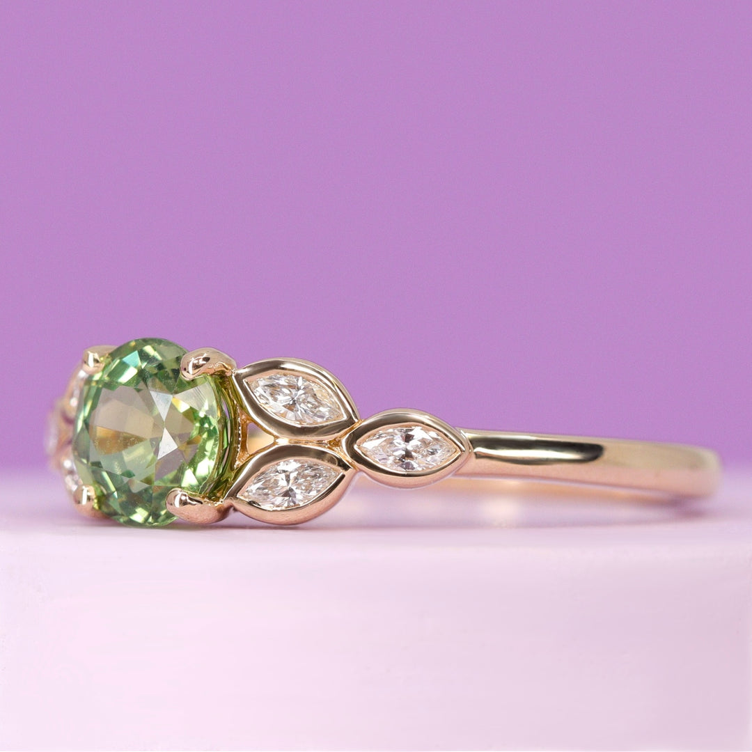 Juliet - The Botanicals Collection - Round Mixed Cut Green Sapphire Leaf Art Nouveau Engagement Ring in 14ct Yellow Gold - Ready-To-Wear