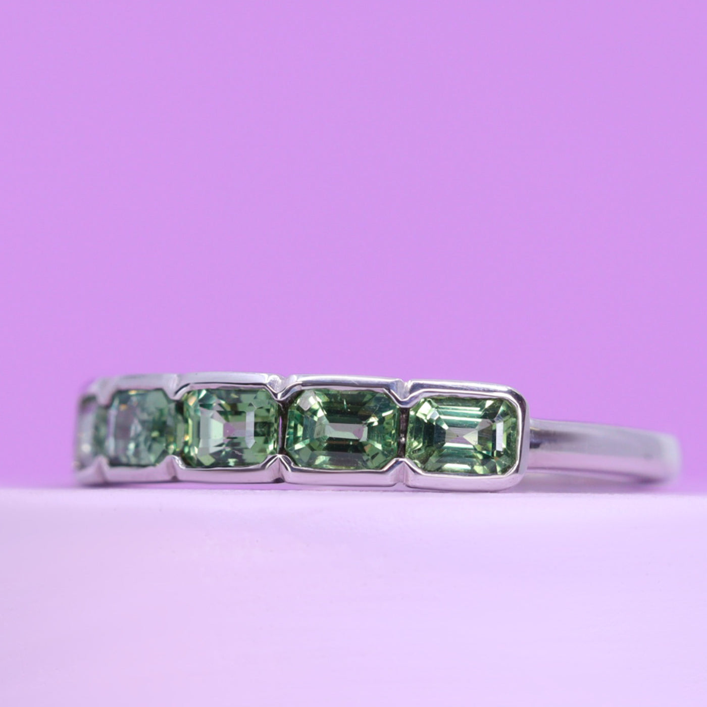 Sage - Emerald Cut Green Sapphire 5 Stone Half Rubover Eternity Style Ring - Made-to-Order