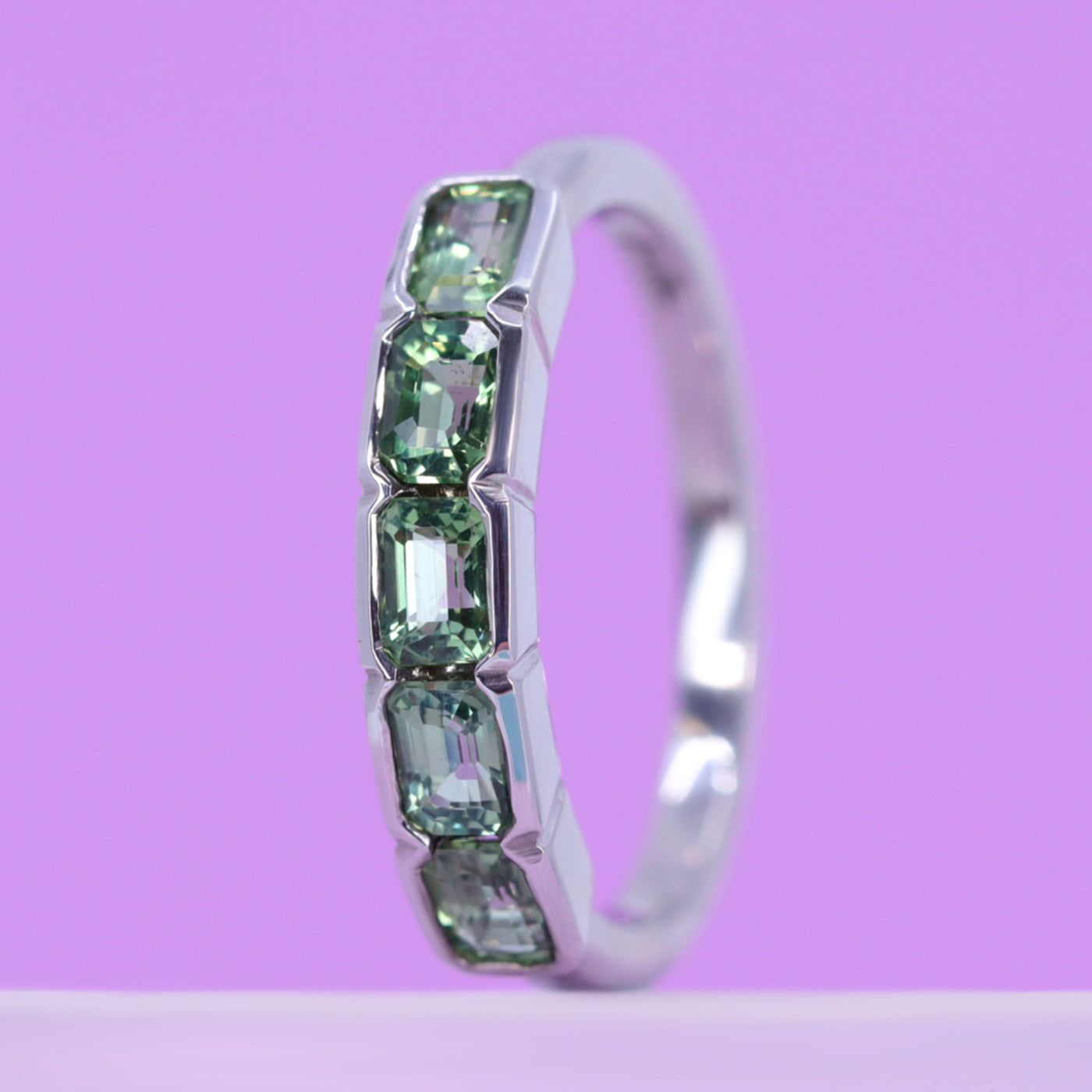 Sage - Emerald Cut Green Sapphire 5 Stone Half Rubover Eternity Style Ring in 9ct White Gold - Ready-to-Wear