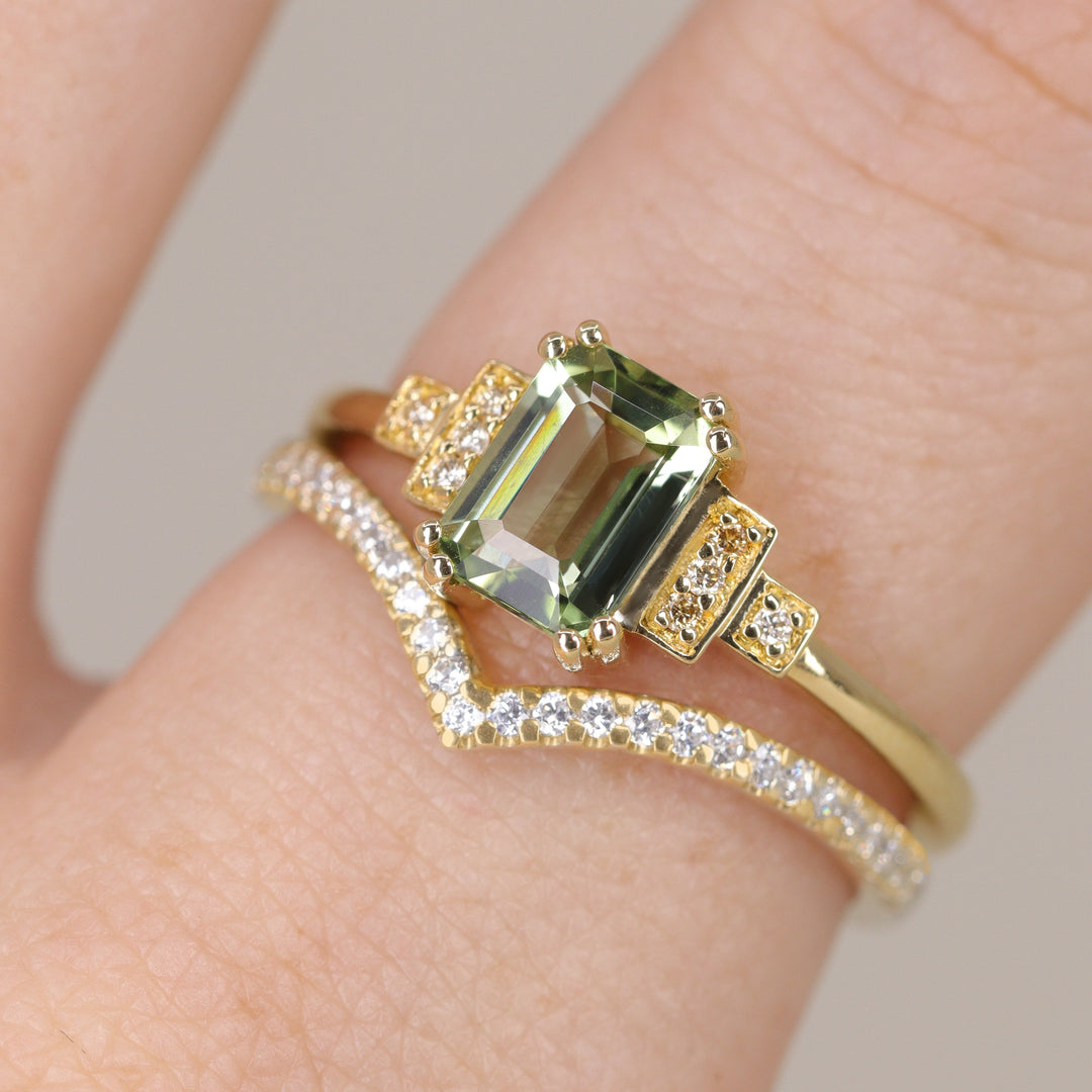 Grace - Emerald Cut Green Tourmaline Cluster Engagement Ring - Ready-to-Wear