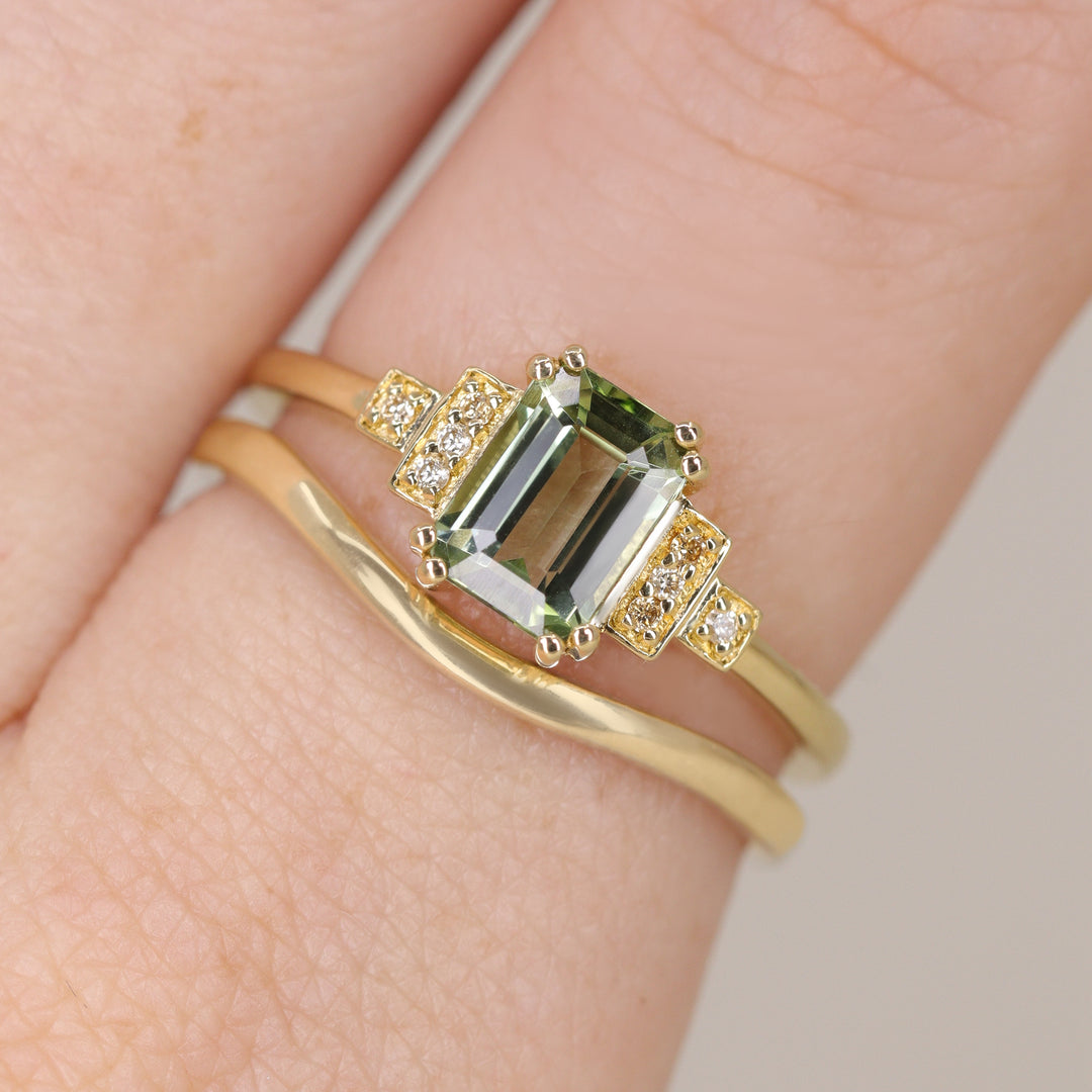 Grace - Emerald Cut Green Tourmaline Cluster Engagement Ring - Ready-to-Wear