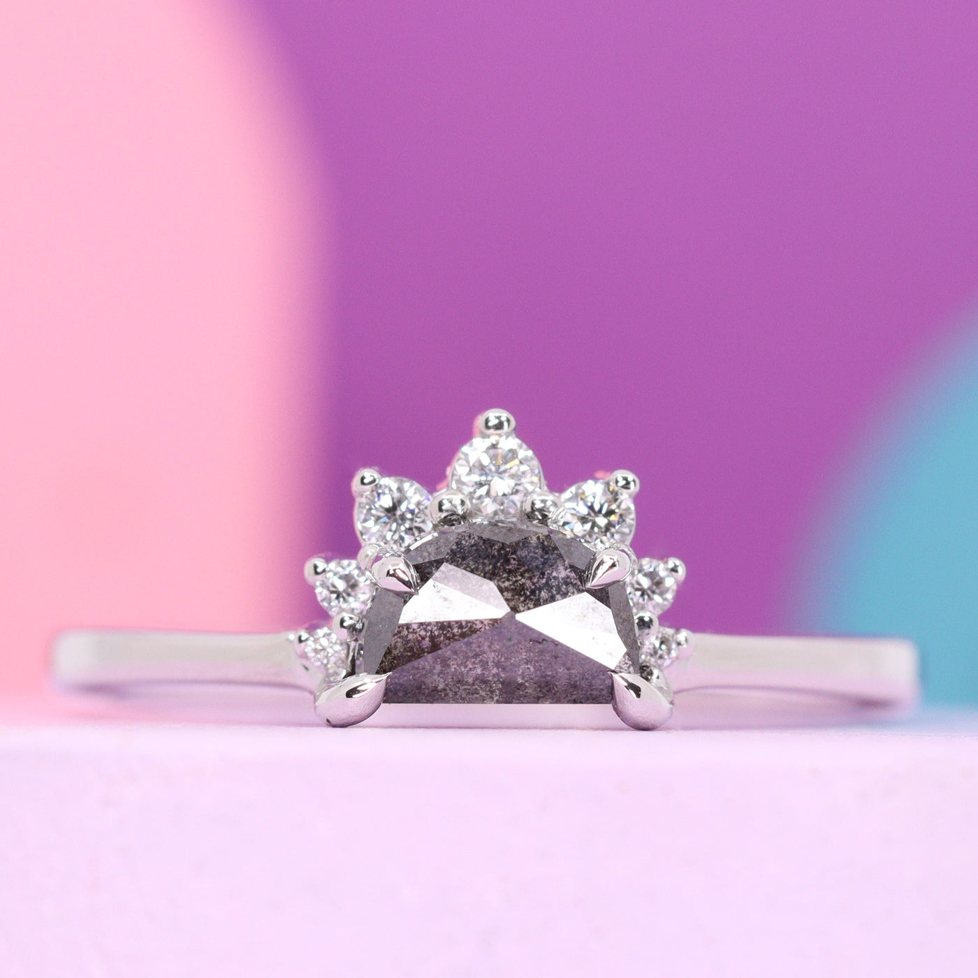Estelle - Half Moon Rose Cut Salt & Pepper Diamond and Lab Grown Diamond Half Halo Engagement Ring - Custom Made-to-Order Design