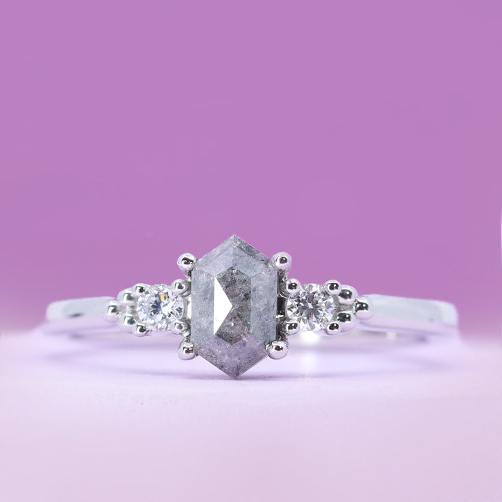 Natalia - Hexagon Rose Cut Salt & Pepper Diamond and Lab Grown Diamond Trilogy Engagement Ring - Made-To-Order