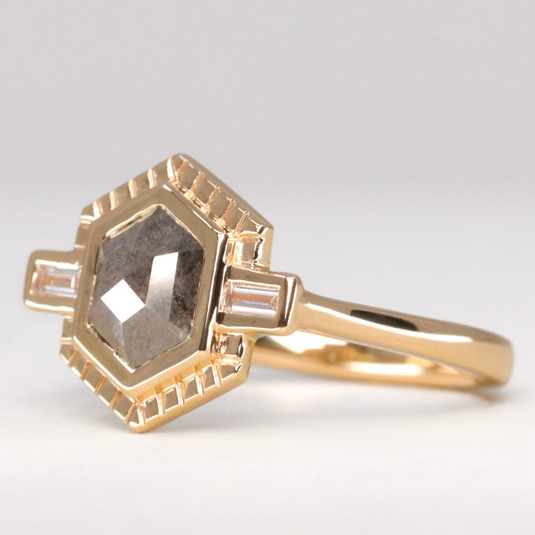 Olivia - Hexagon Salt & Pepper Diamond Art Deco Sunbeam Halo Engagement Ring - Ready-to-Wear