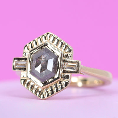 Olivia - Hexagon Salt and Pepper Diamond and Baguette Lab Grown Diamond Art Deco Vintage Inspired Sunbeam Halo Ring in 14ct Yellow Gold - Ready-to-Wear