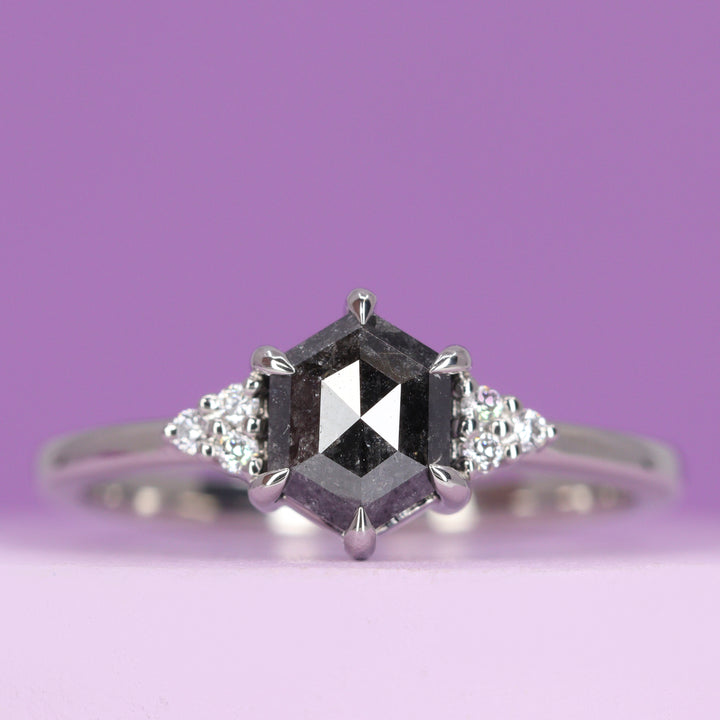 Henrietta - Rose Cut Hexagon Salt and Pepper Diamond Vintage Inspired Cluster Engagement Ring in Platinum - Ready-to-Wear