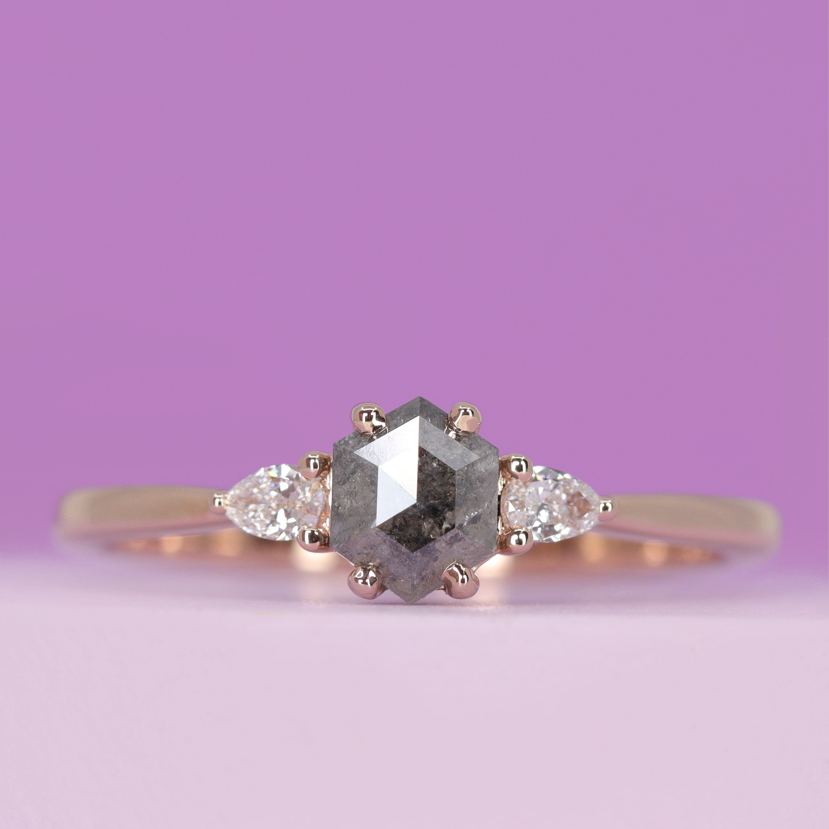 Elspeth - Hexagon Rose Cut Salt and Pepper Diamond and Pear Shaped Lab ...