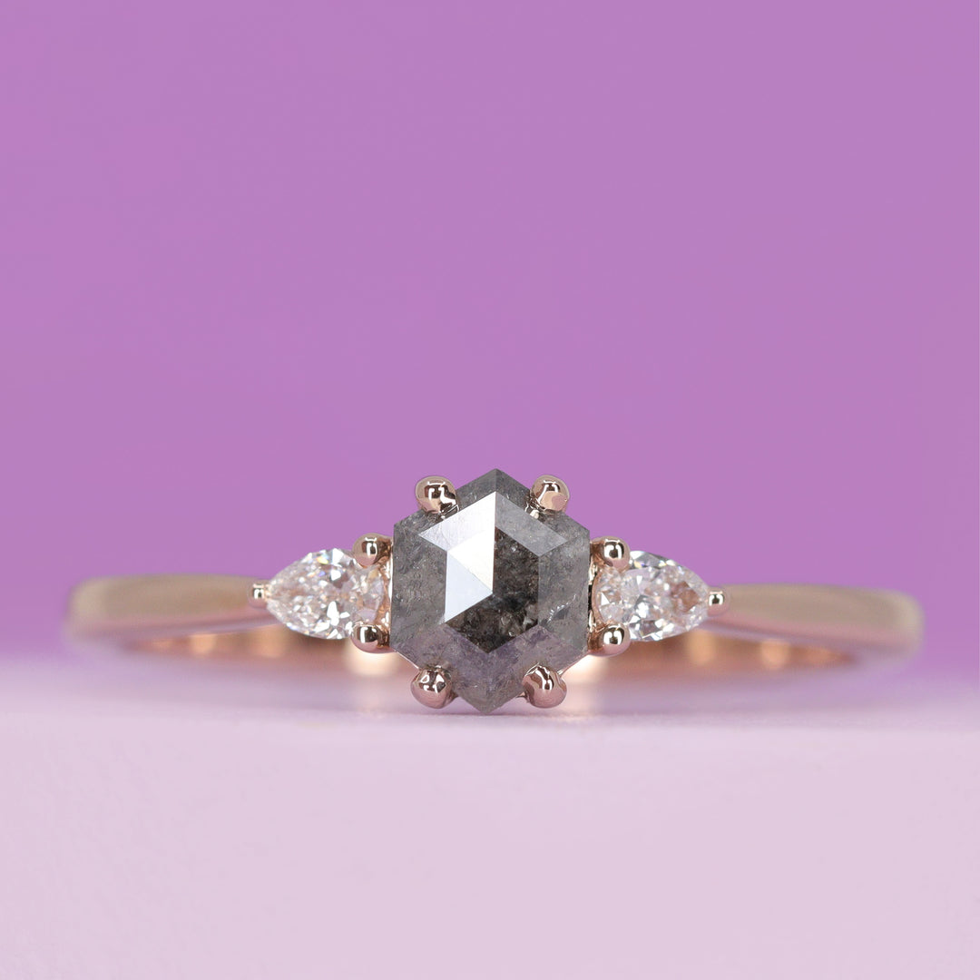 Elspeth - Hexagon Rose Cut Salt and Pepper Diamond and Pear Shaped Lab Grown Diamond Trilogy Engagement Ring - Made-To-Order