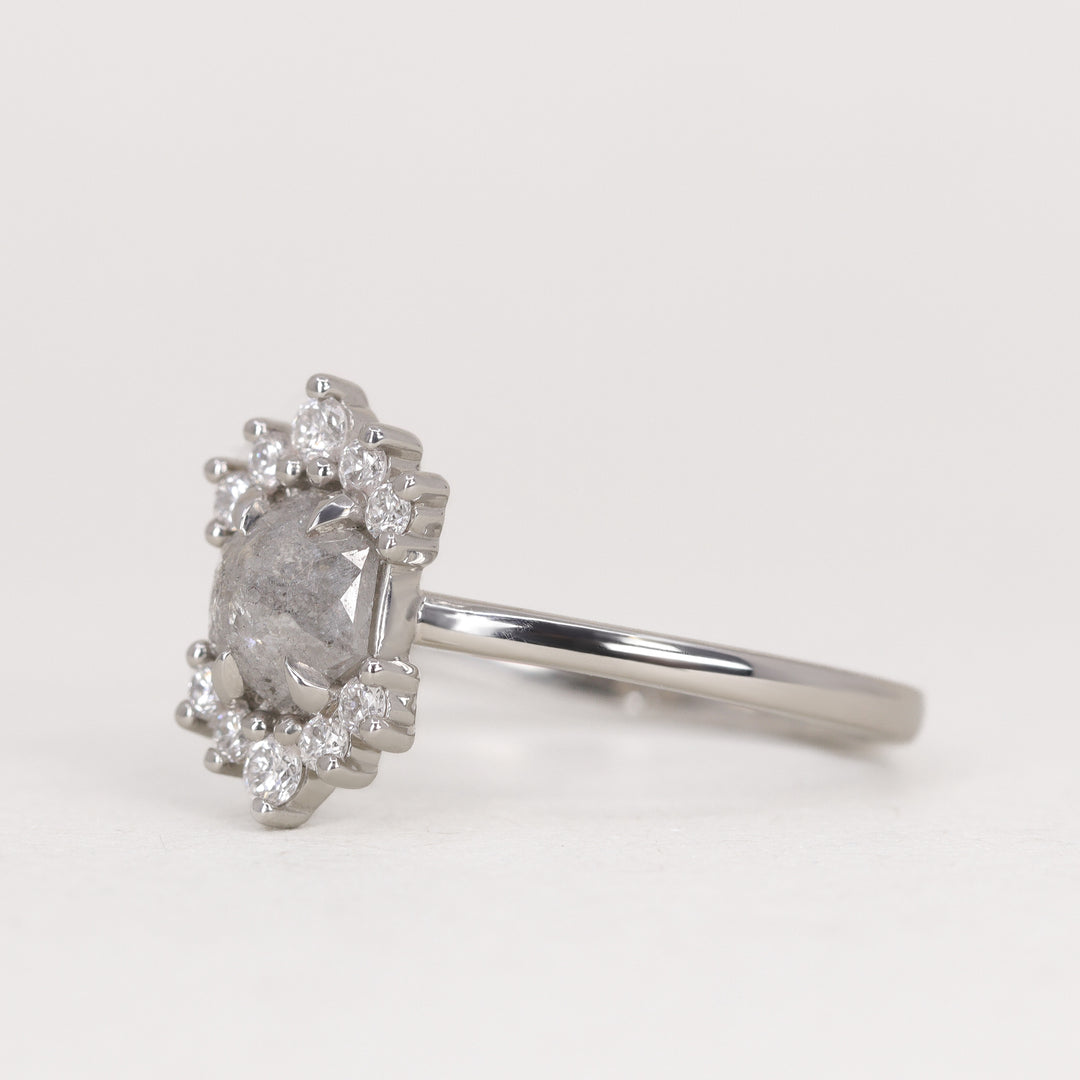 Ariana - Hexagon Cut Salt and Pepper Diamond Halo Engagement Ring - Ready-to-Wear