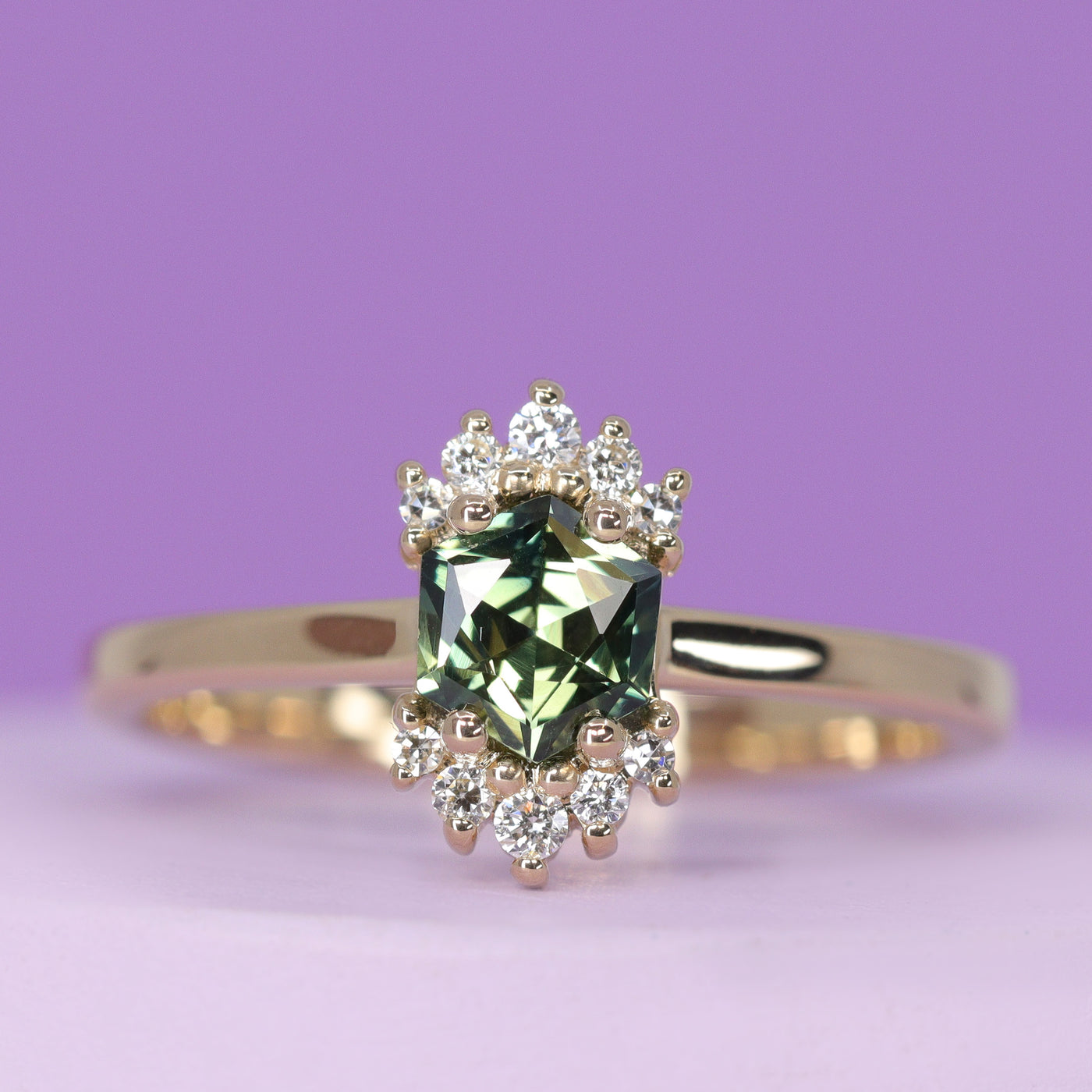 Ariana - Hexagon Cut Green Teal Sapphire Ring with Double Diamond Crown in 14ct Yellow Gold - Ready-to-Wear
