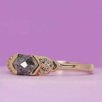 Frida - Elongated Hexagon Salt & Pepper Diamond Dainty Deco Engagement Ring in 14ct Yellow Gold - Ready-to-Wear