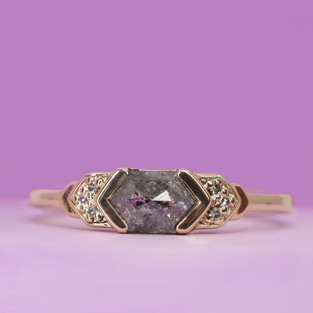 Frida - Elongated Hexagon Salt & Pepper Diamond Dainty Deco Engagement Ring - Custom Made-to-Order Design