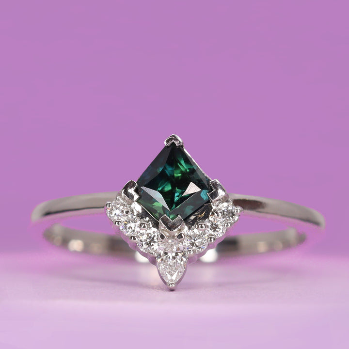 Celeste - Kite Cut Montana Sapphire Ring with Lab Grown Diamond Crown Half Halo in Platinum - Ready-to-Wear