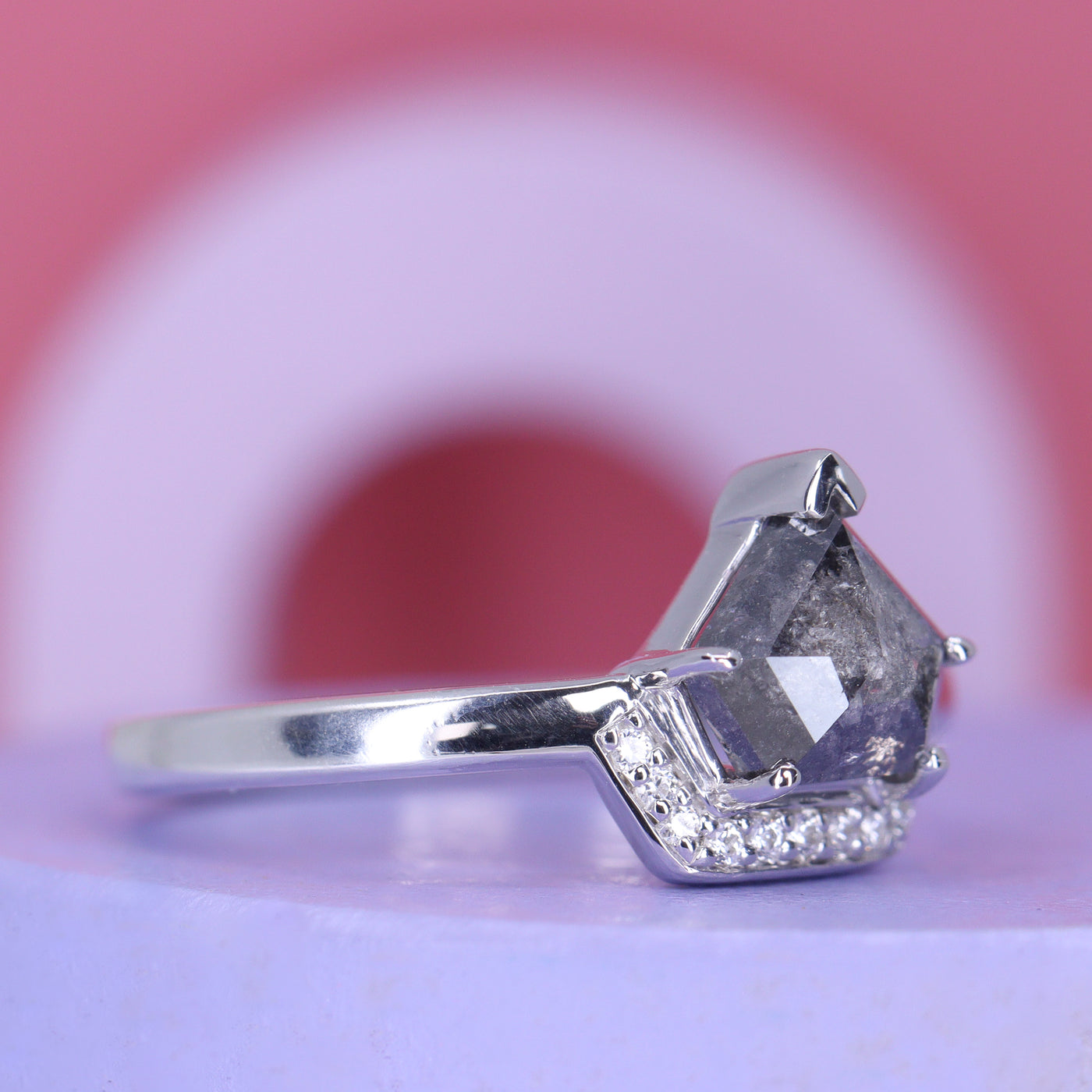 Hannah - Shield Cut Salt and Pepper Diamond Engagement Ring with Diamond Halo - Made-to-Order