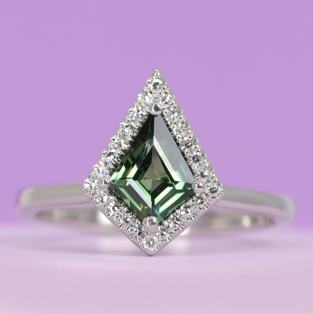 Winter - Kite Shaped Teal Sapphire and Lab Grown Diamond Halo Engagement Ring in Platinum - Ready-to-Wear