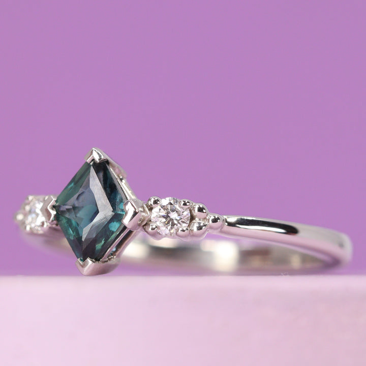 Natalia - Kite Shaped Montana Sapphire and Lab Grown Diamond Delicate Trilogy Ring in Platinum - Ready-to-Wear