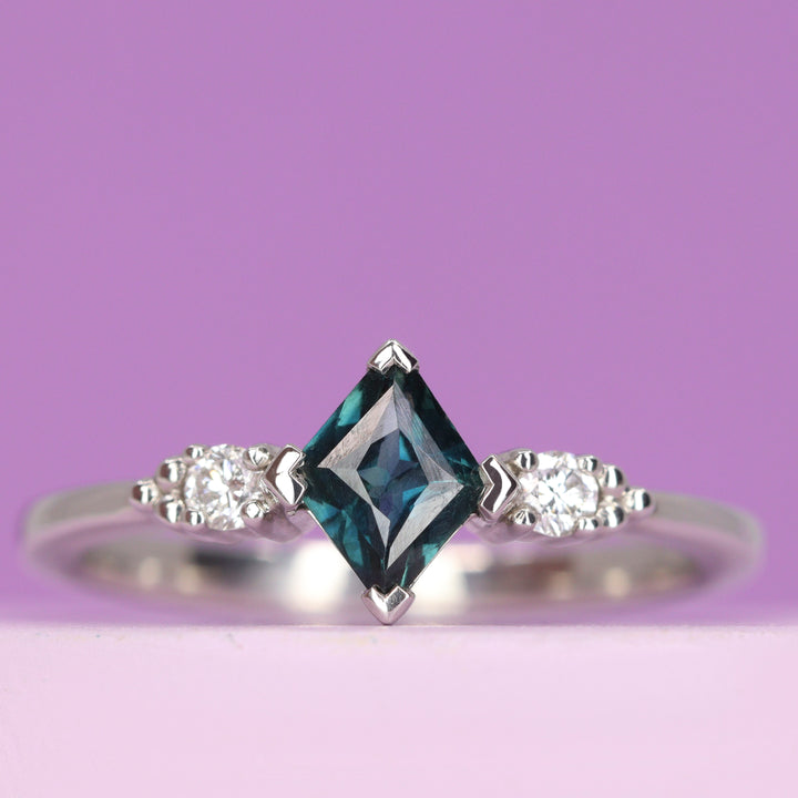 Natalia - Kite Shaped Montana Sapphire and Lab Grown Diamond Delicate Trilogy Ring in Platinum - Ready-to-Wear