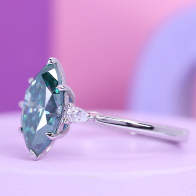 Elspeth - Marquise Cut Teal Moissanite Engagement Ring with Pear Cut Side Stones - Custom Made-to-Order Design