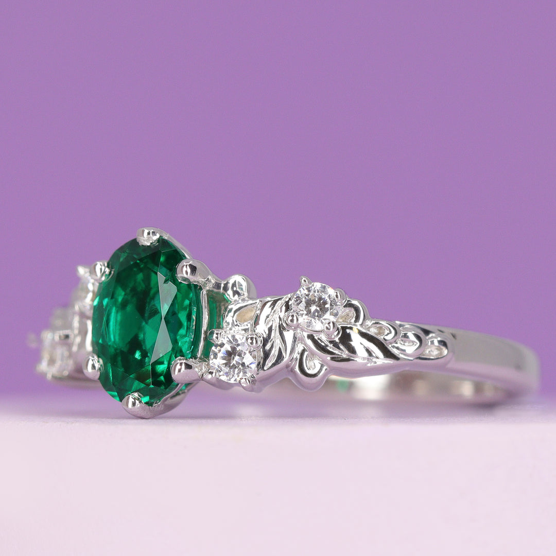 Laurel - The Botanicals Collection - Oval Emerald Decorative Leaf/Vine Filigree Art Nouveau Engagement Ring - Made-To-Order