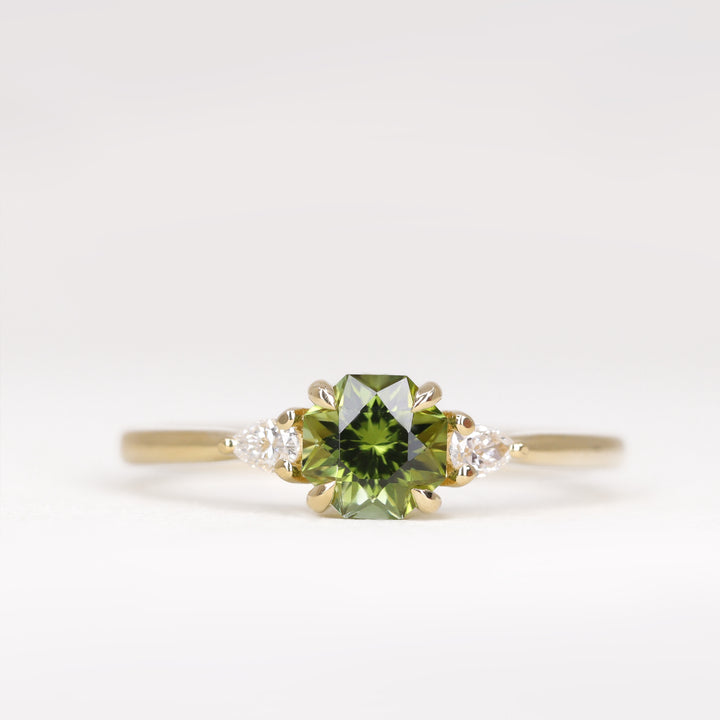 Elspeth - Green Fancy Cut Octagon Tourmaline and Diamond Trilogy Engagement Ring