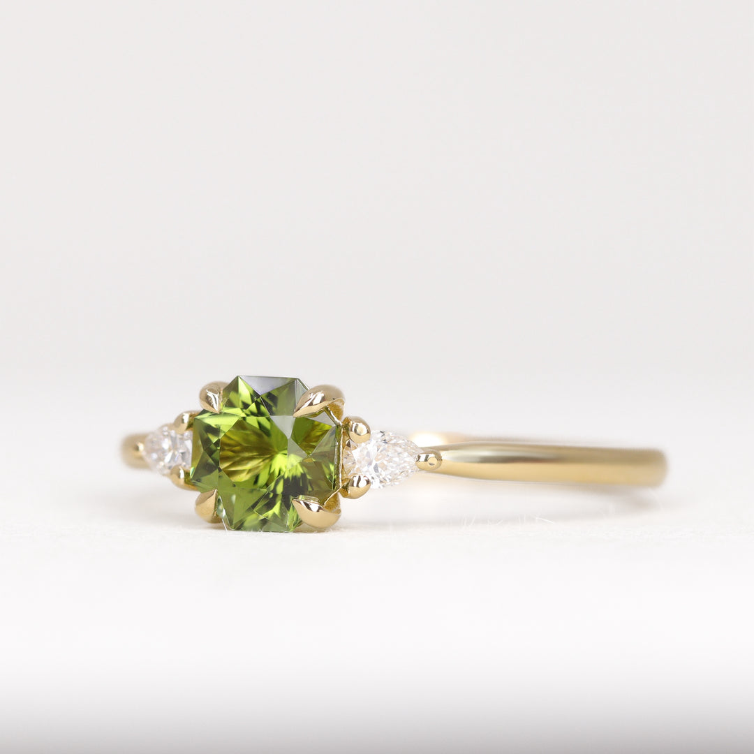 Elspeth - Green Fancy Cut Octagon Tourmaline and Diamond Trilogy Engagement Ring