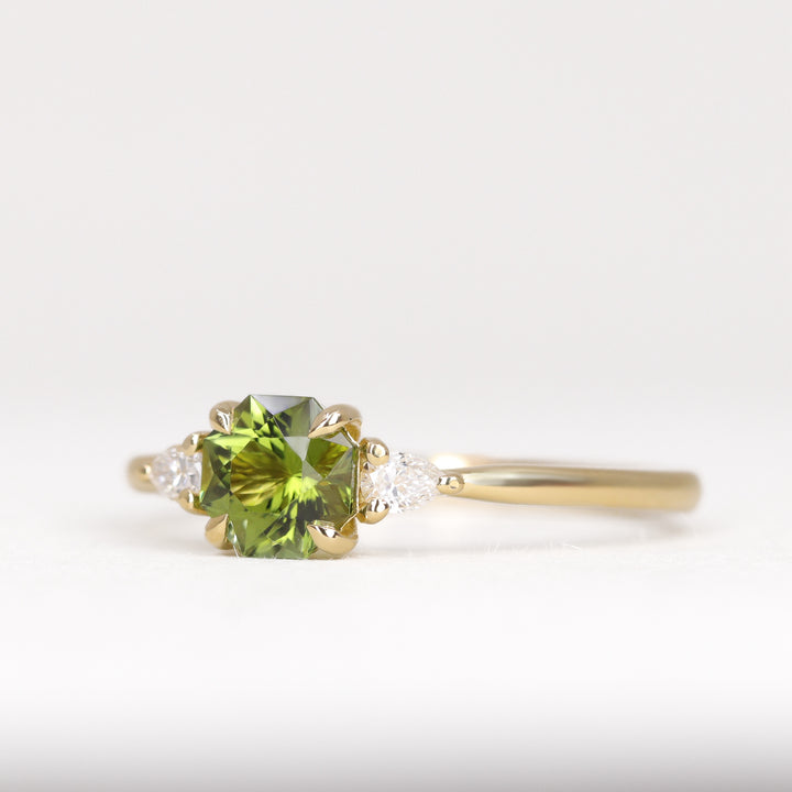 Elspeth - Green Fancy Cut Octagon Tourmaline and Diamond Trilogy Engagement Ring