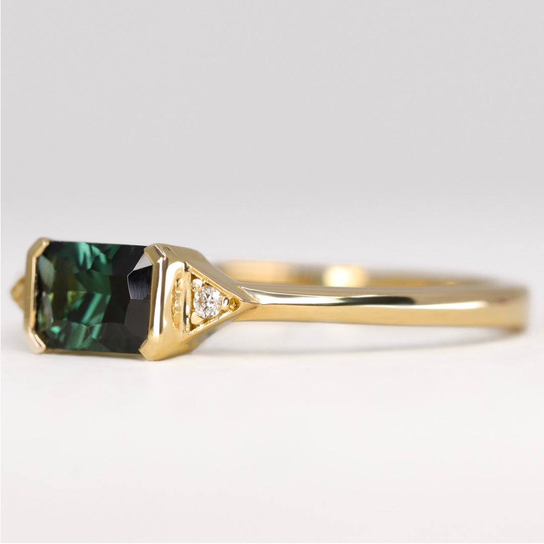 Hattie - Optix Emerald Cut Green Tourmaline East-West Art Deco Trilogy Engagement Ring