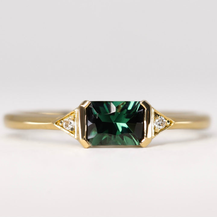 Hattie - Optix Emerald Cut Green Tourmaline East-West Art Deco Trilogy Engagement Ring