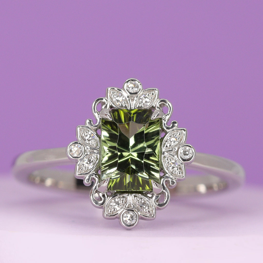 Annette - The Botanicals Collection - Emerald Cut Green Tourmaline Art Nouveau Halo Engagement Ring In Platinum - Ready-To-Wear